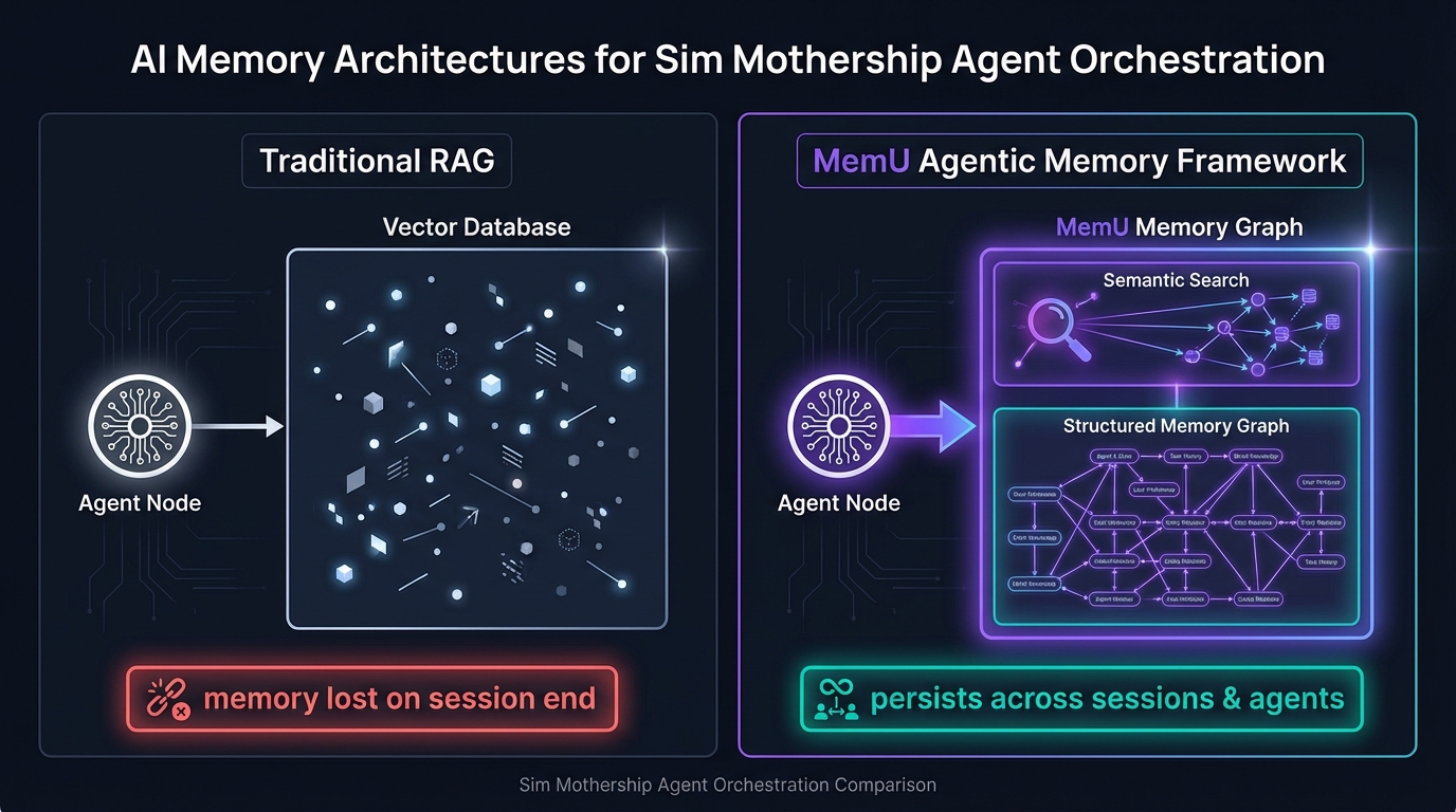 Sim Mothership orchestration architecture with MemU persistent agent intelligence layer