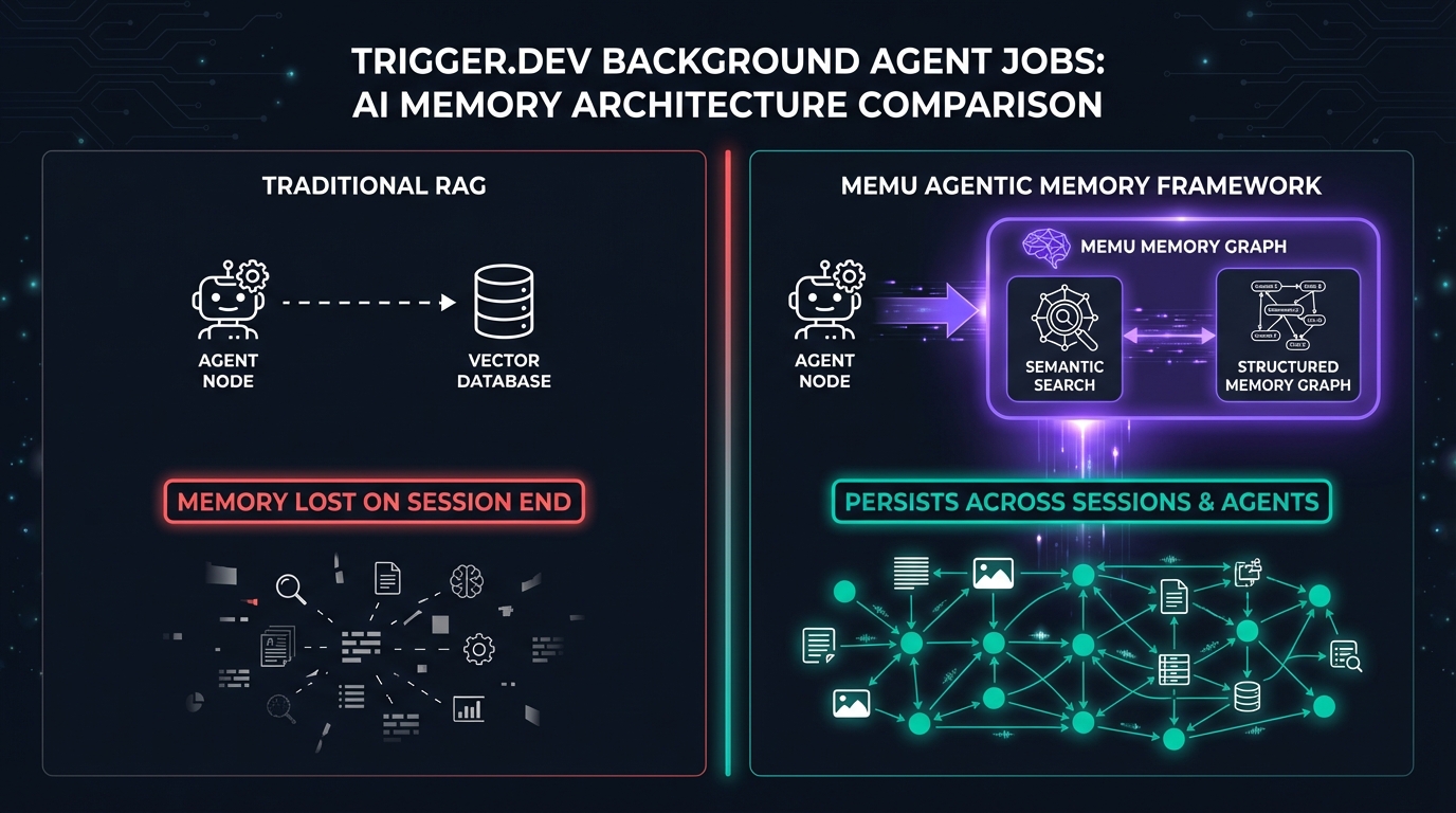 Trigger.dev background jobs architecture with MemU persistent memory for cross-job agent intelligence